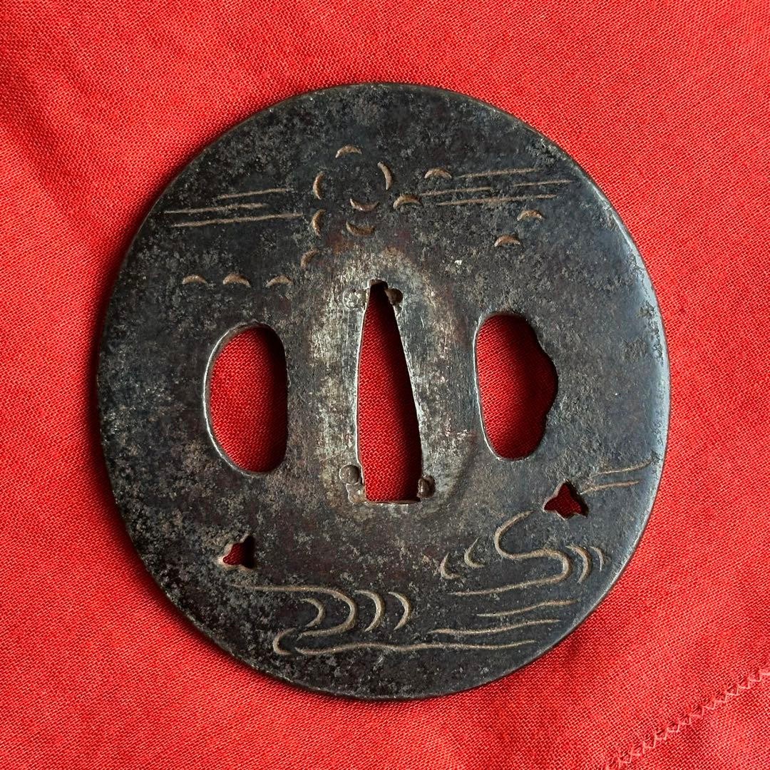 Mid Edo Japanese Iron Tsuba Tatsuta River Inlay Sword Guard 76 mm Unsigned