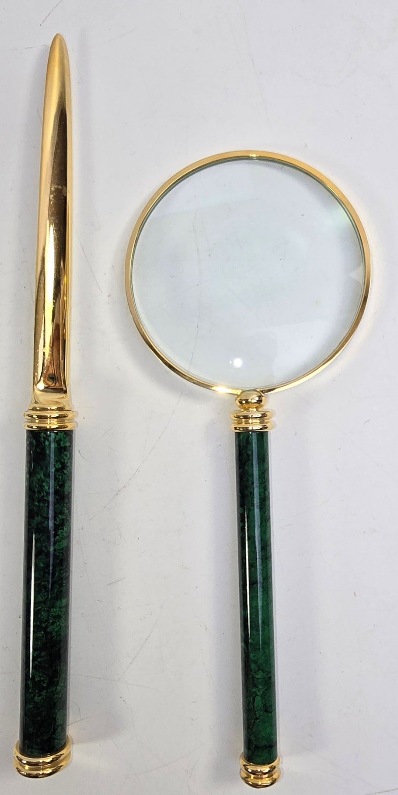 Vintage Green Marble Letter Opener Magnifying Glass Gold Tone Desk Set Elegant 
