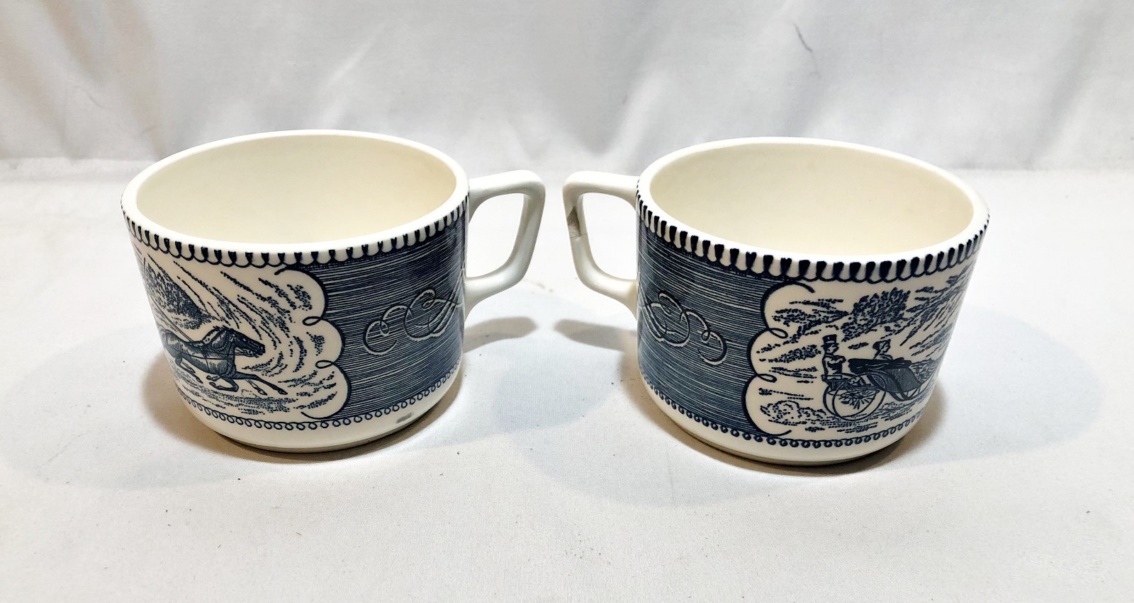 Set of 2 Currier and Ives Blue Horse & Buggy Coffee Mugs 2 ¾” x 3 ¾” Rim