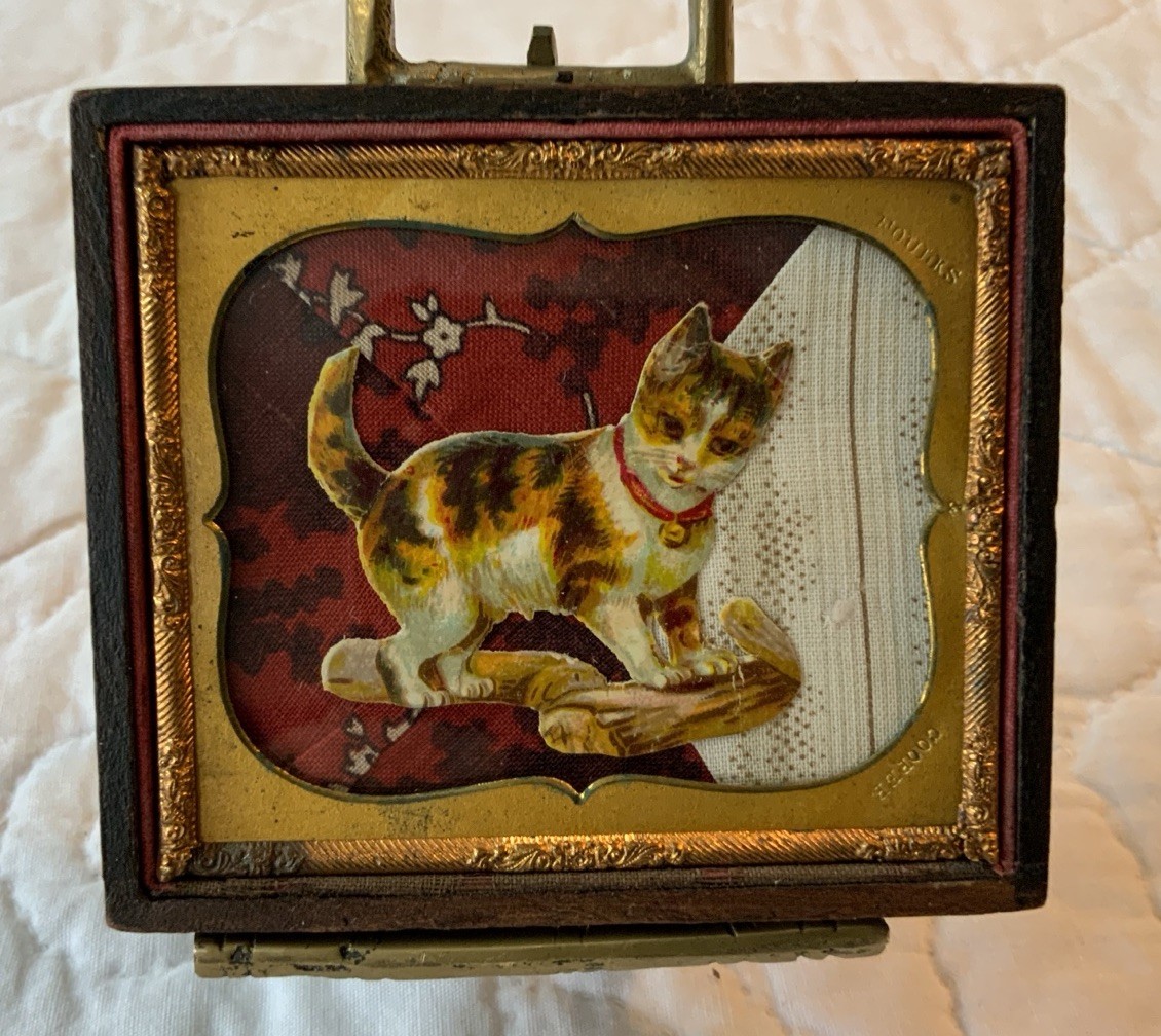 Antique Victorian Die Cut Ephemera Framed, Half Union Case, Kitty Cat