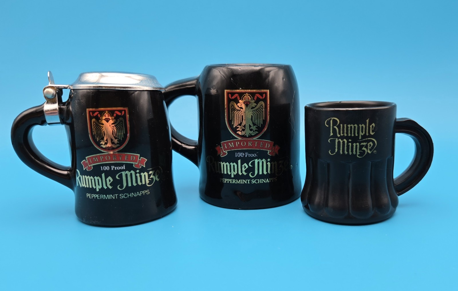 Set of 3 vintage Rumple Minze mini-steins, shot glasses, barware collectibles Set of 3 vintage Rumple Minze mini-steins, shot glasses, barware collectibles