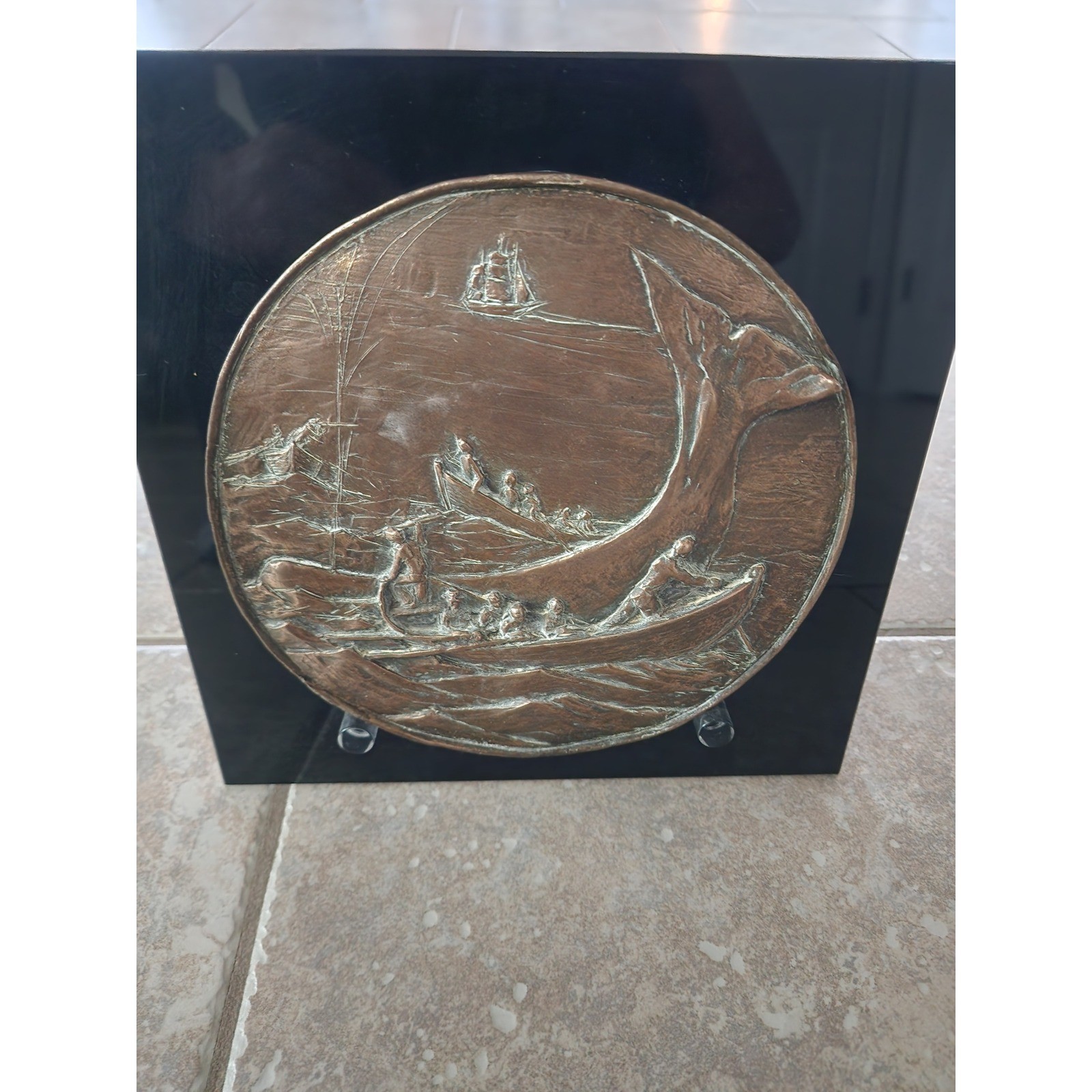 Vintage Bronze Moby Dick Scene and Stand Plaque Nautical Whale Maritime Art