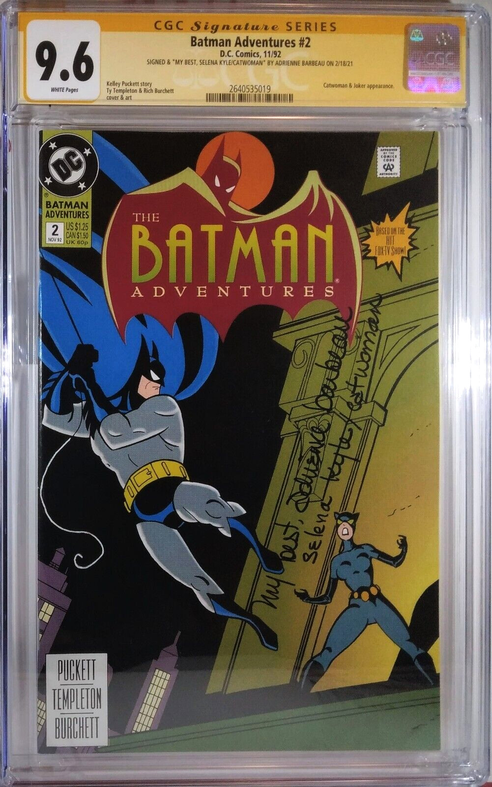 😻 CGC 9.6 CATWOMAN ADRIENNE BARBEAU SIGNED BATMAN ADVENTURES #2 DC COMICS BTAS