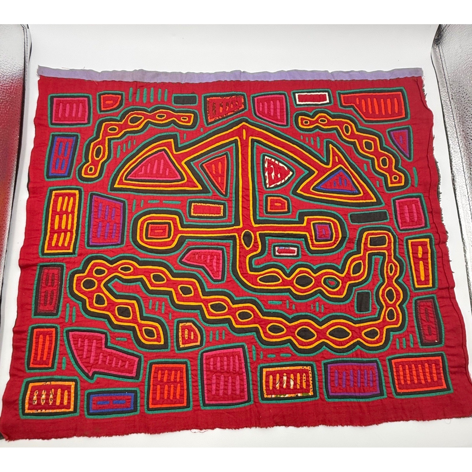 Vintage Handmade Mola Textile Panel Panama Guna Folk Art Reverse Applique Red