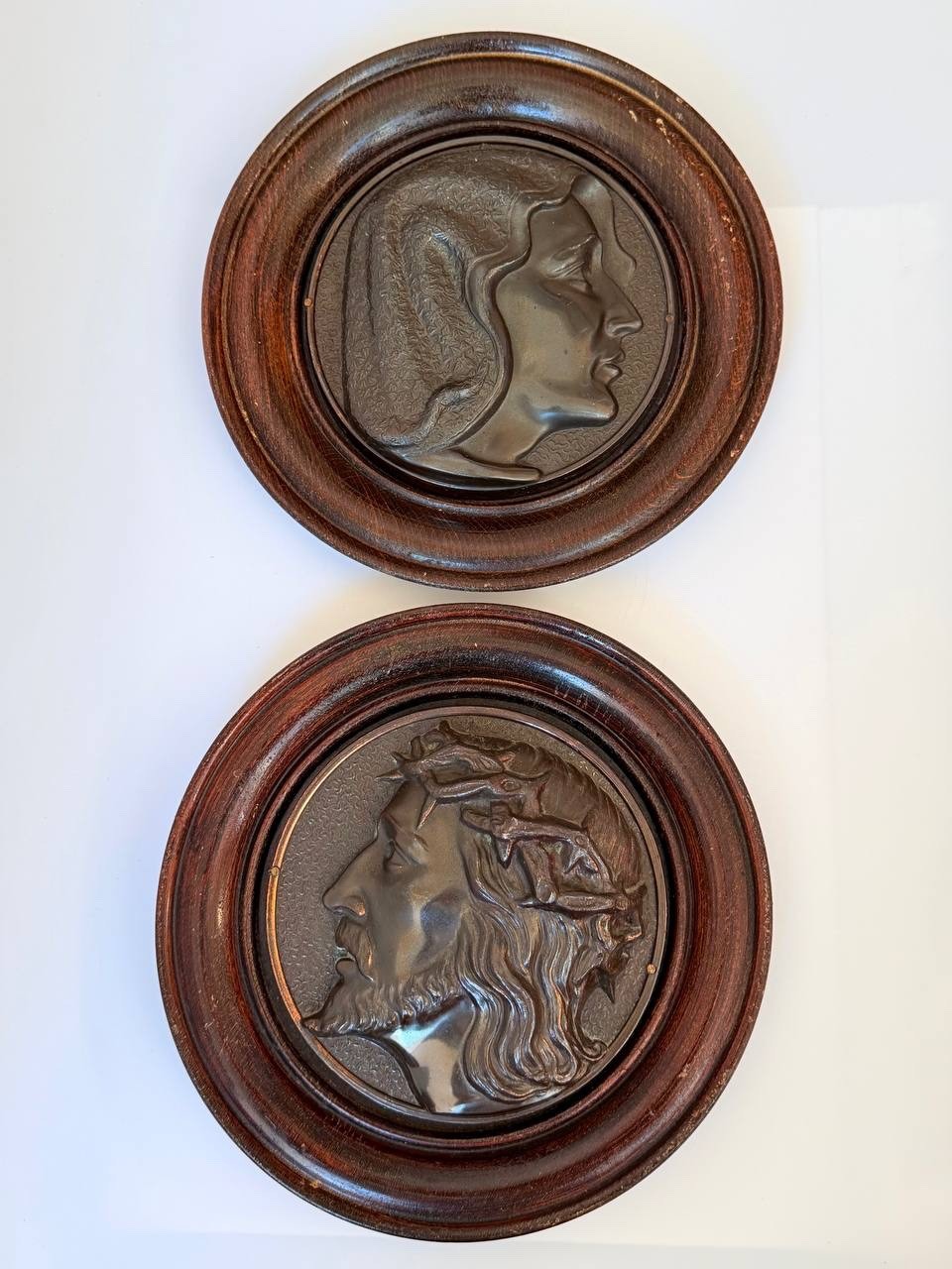 Antique Jesus Christ Virgin Mary Wall Plaques Medallions Wood Framed Pair 8.5 Antique Jesus Christ Virgin Mary Wall Plaques Medallions Wood Framed Pair 8.5
