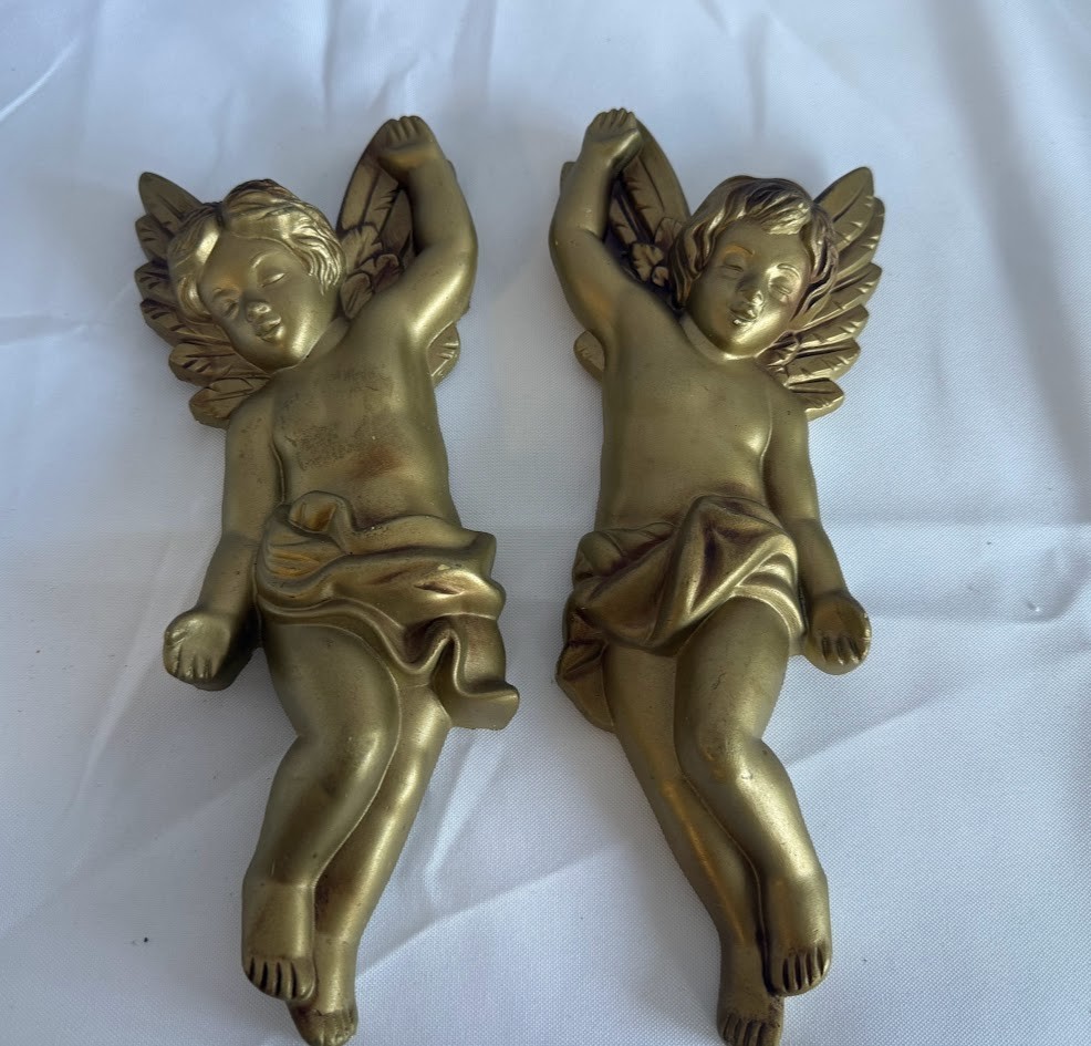 Miller Studio 1968 Gold Chalkware Cherub Angel Wall Plaques Pair Vintage MCM