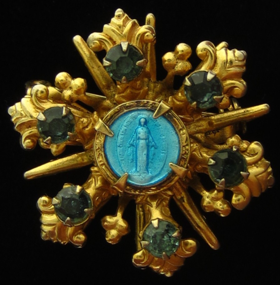 Vintage Mary Pin Broach Blue Enamel Gold Tone Religious Holy Catholic