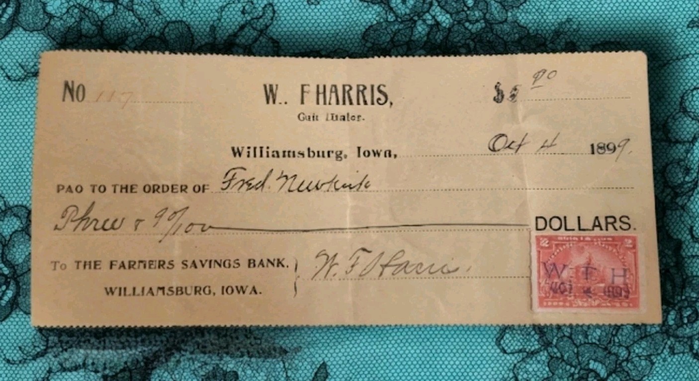 Antique 1899 W.F. Harris Grain Dealer Check – Williamsburg, Iowa / Revenue Stamp