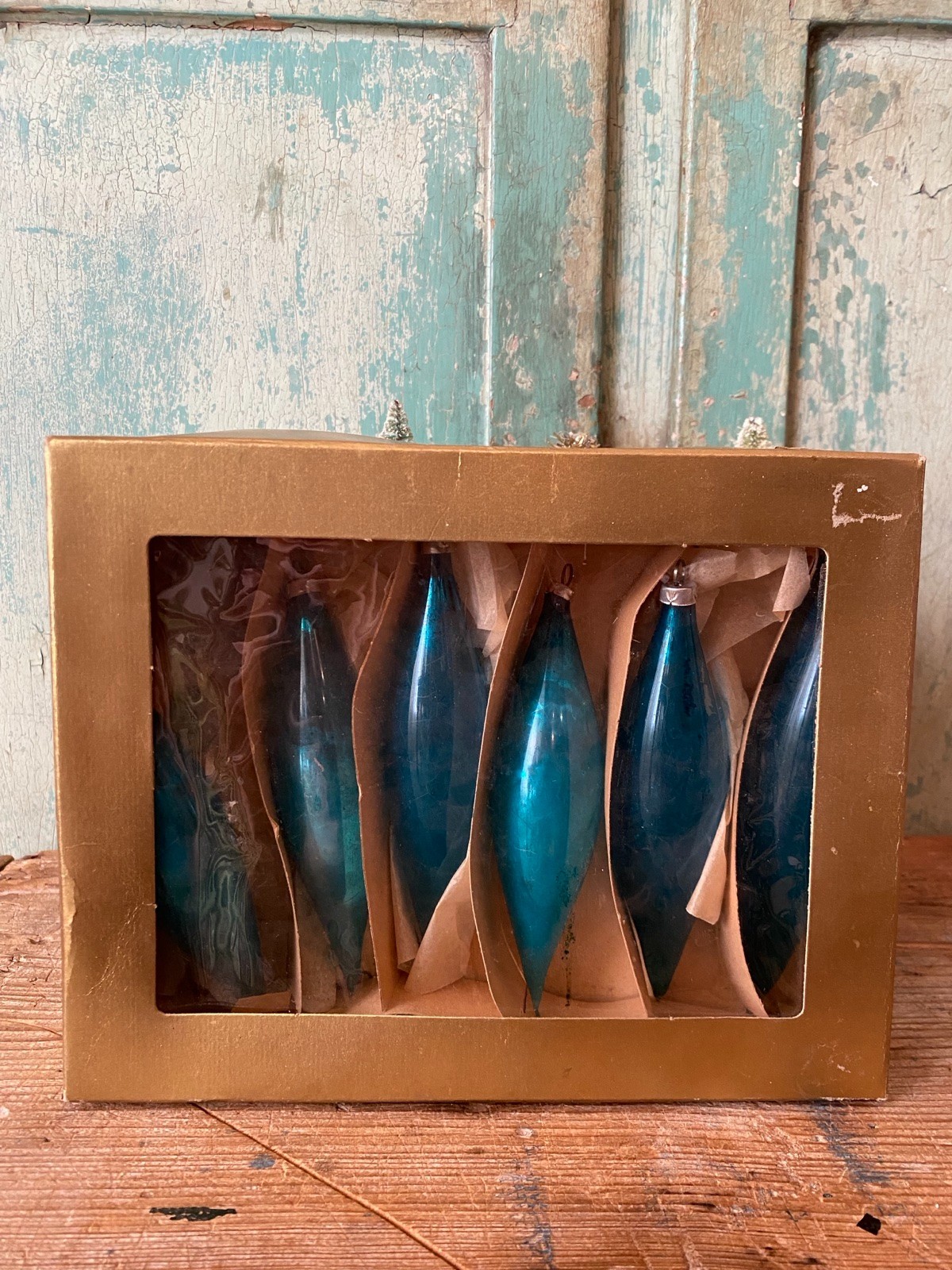 Vintage Blue Mercury Glass Icicle Teardrop Christmas Ornaments Box of 6 6\