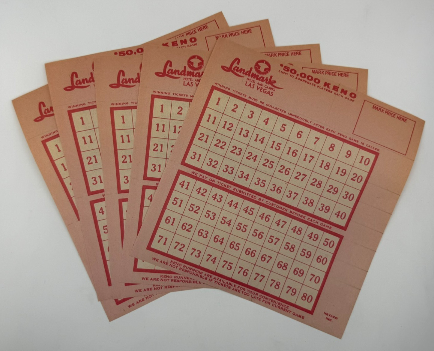 Lot of (5) Genuine Vintage Landmark Hotel Casino Paper Keno Cards Las Vegas NV