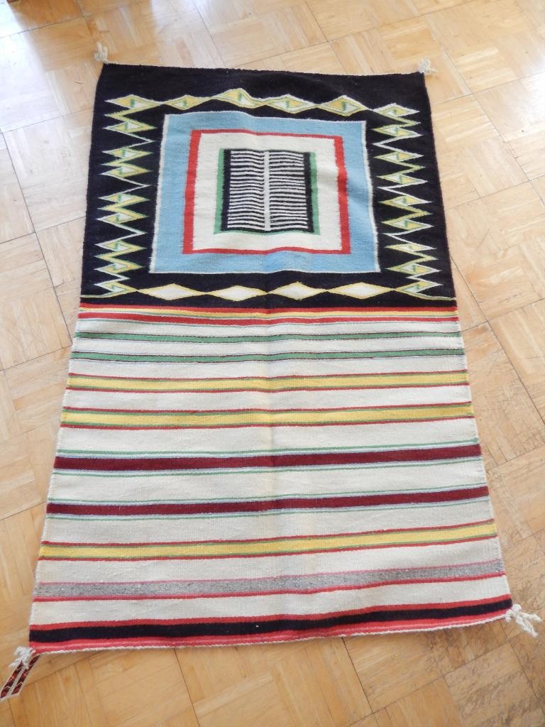 VINTAGE NAVAJO INDIAN DOUBLE SADDLE BLANKET / RUG W/ ORIGINAL TRADING POST TAGE