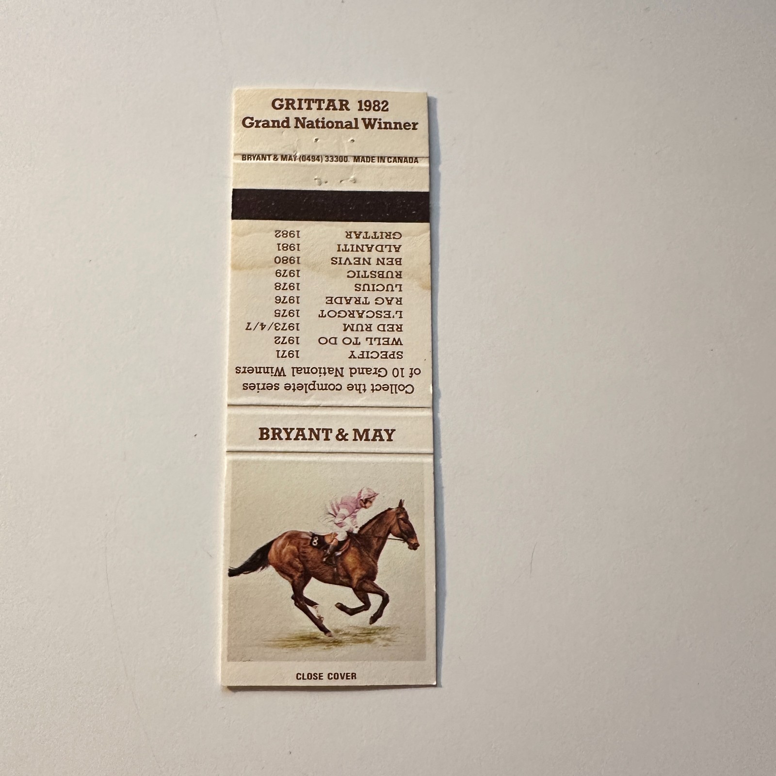 Bryant & May Grittar 1982 Grand National Winner Vintage Matchbook Cover 5MB126-3