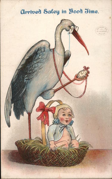 Arrived Saley Good Time. Cartoon: Stork with baby. Original Vintage Postcard Arrived Saley Good Time. Cartoon: Stork with baby. Original Vintage Postcard