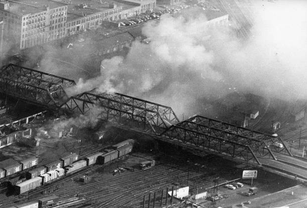An aerial view a five alarm fire Summer Street Bridge Boston - Boston Old Photo