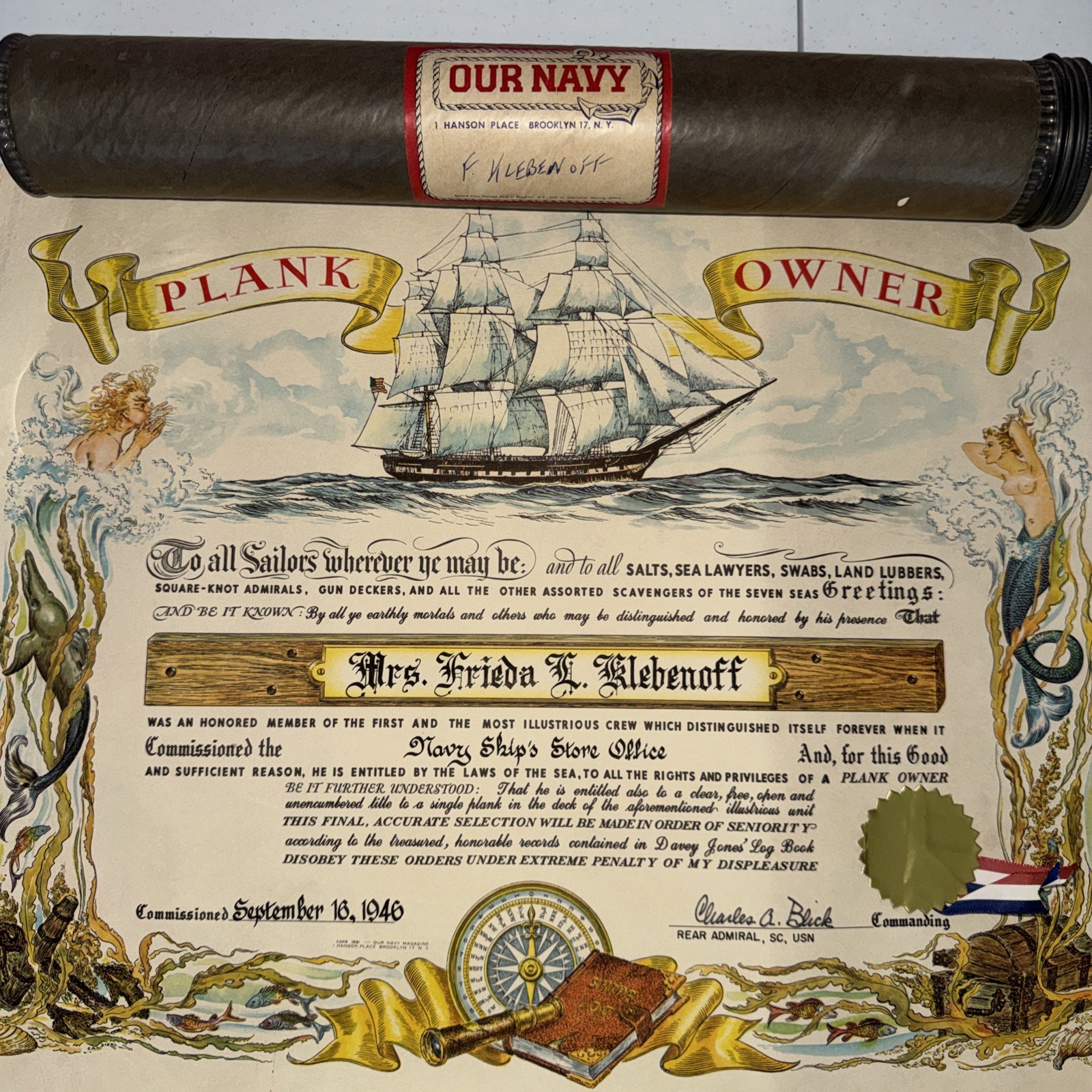 Vintage 1946 US Navy Plank Owner Certificate WWII Ships Store Office Tube WW2 Vintage 1946 US Navy Plank Owner Certificate WWII Ships Store Office Tube WW2