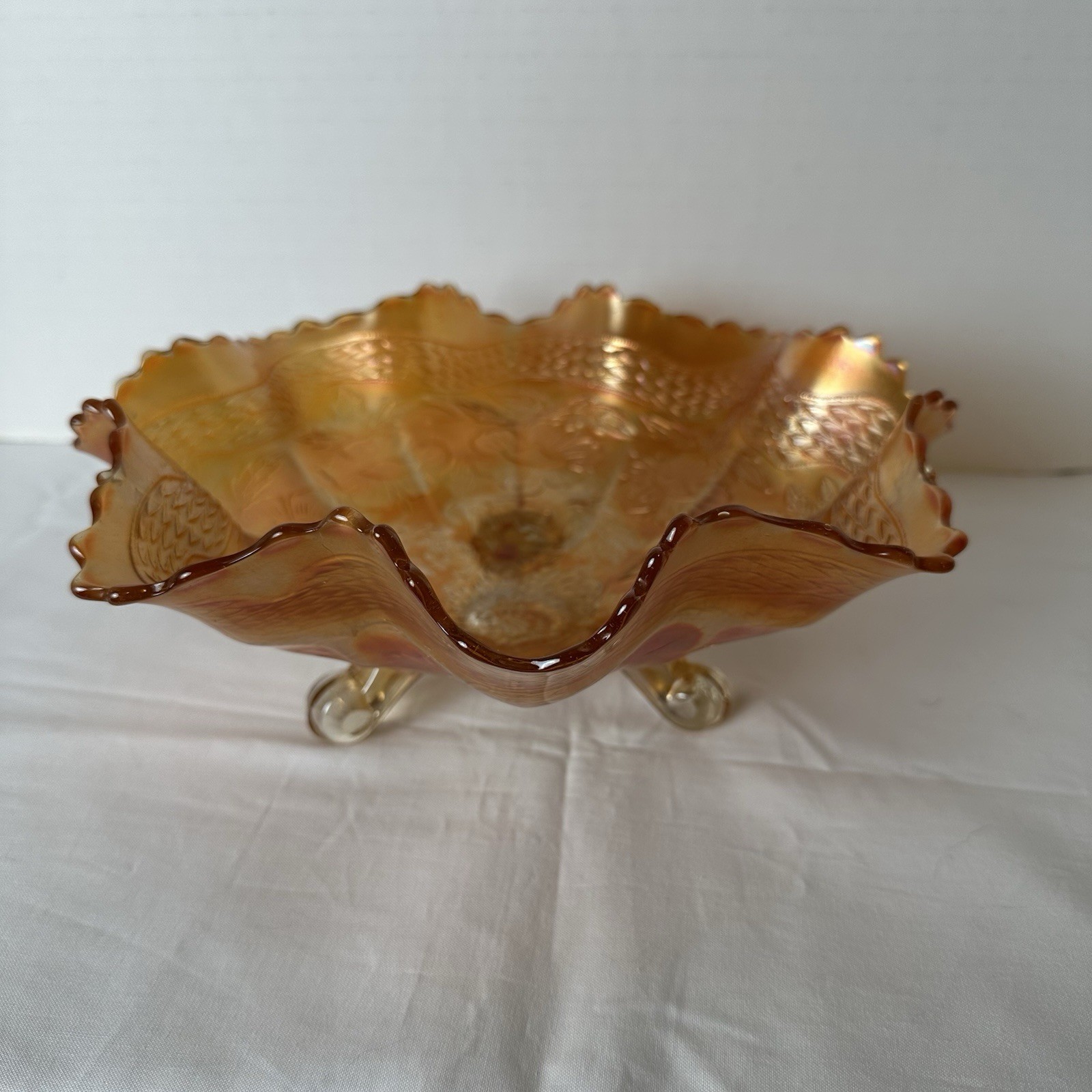 Antique Fenton Dragon & Lotus Marigold Carnival Glass 3 Footed Bowl 10.75\