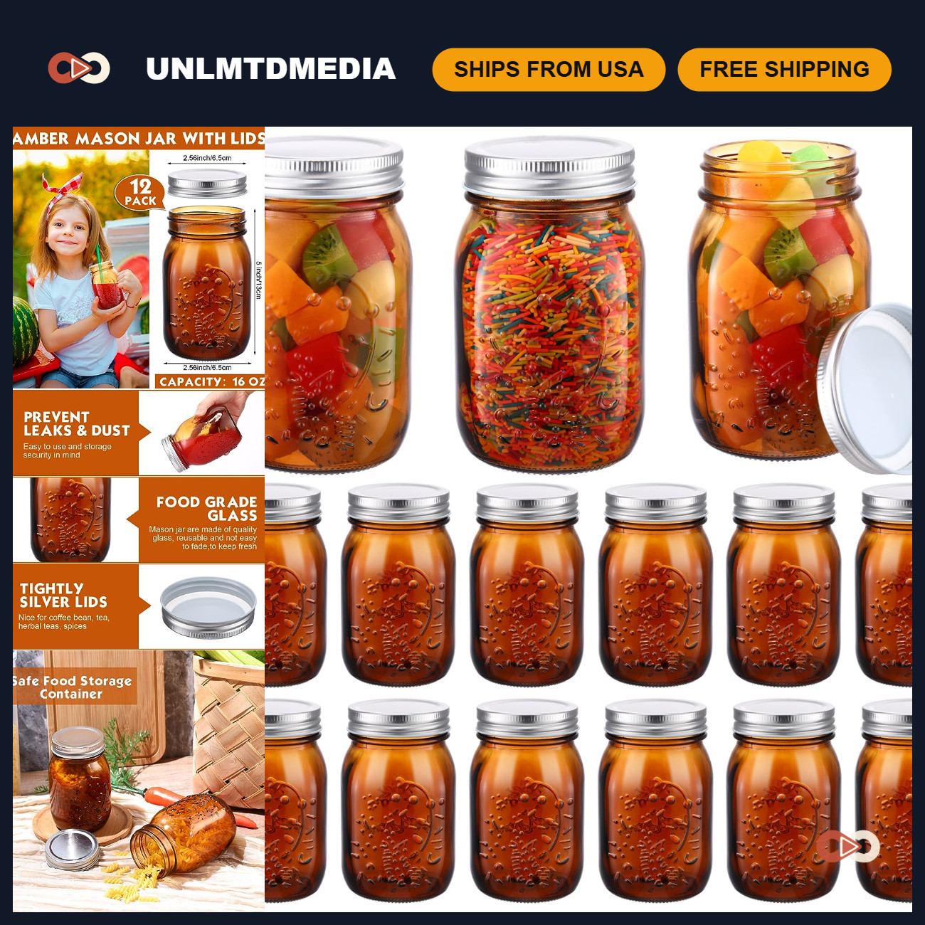 12 Pack 16oz Amber Mason Jars with Lids - Regular Mouth Pint Storage Containers 12 Pack 16oz Amber Mason Jars with Lids - Regular Mouth Pint Storage Containers