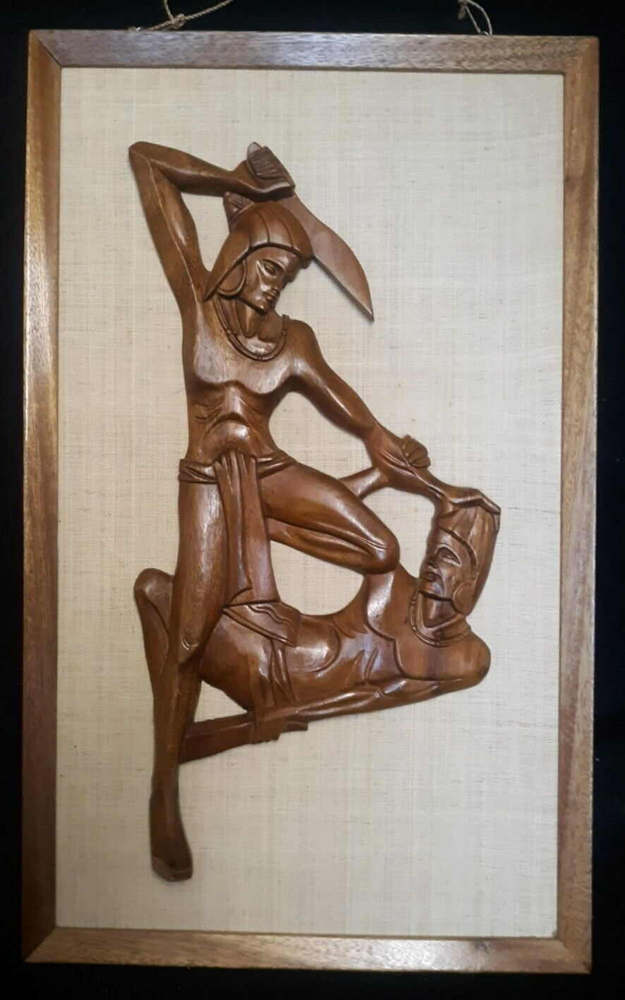 Mid Century Modern WITCO Walnut On Canvas Tiki Framed Jungle Wall Hanging