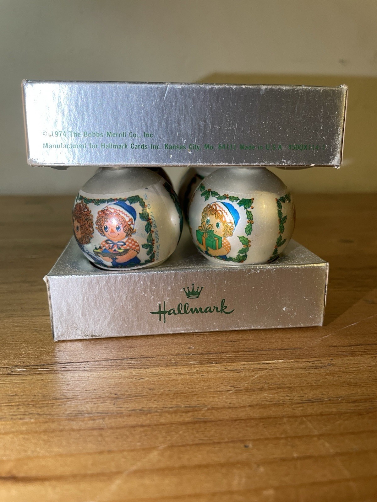 Vintage 1974 Hallmark Raggedy Ann Andy Glass Ball Ornaments Set 4 Box 1.75 Vintage 1974 Hallmark Raggedy Ann Andy Glass Ball Ornaments Set 4 Box 1.75