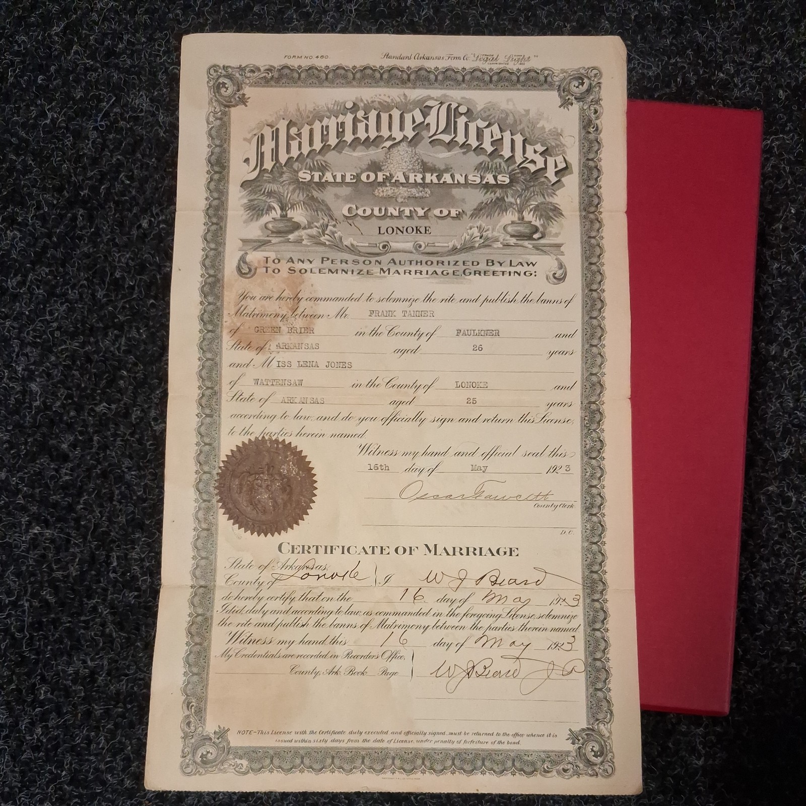 Antique 1923 Marriage Certificate Lonoke County, AR May 16th 1923 Tanner & Jones