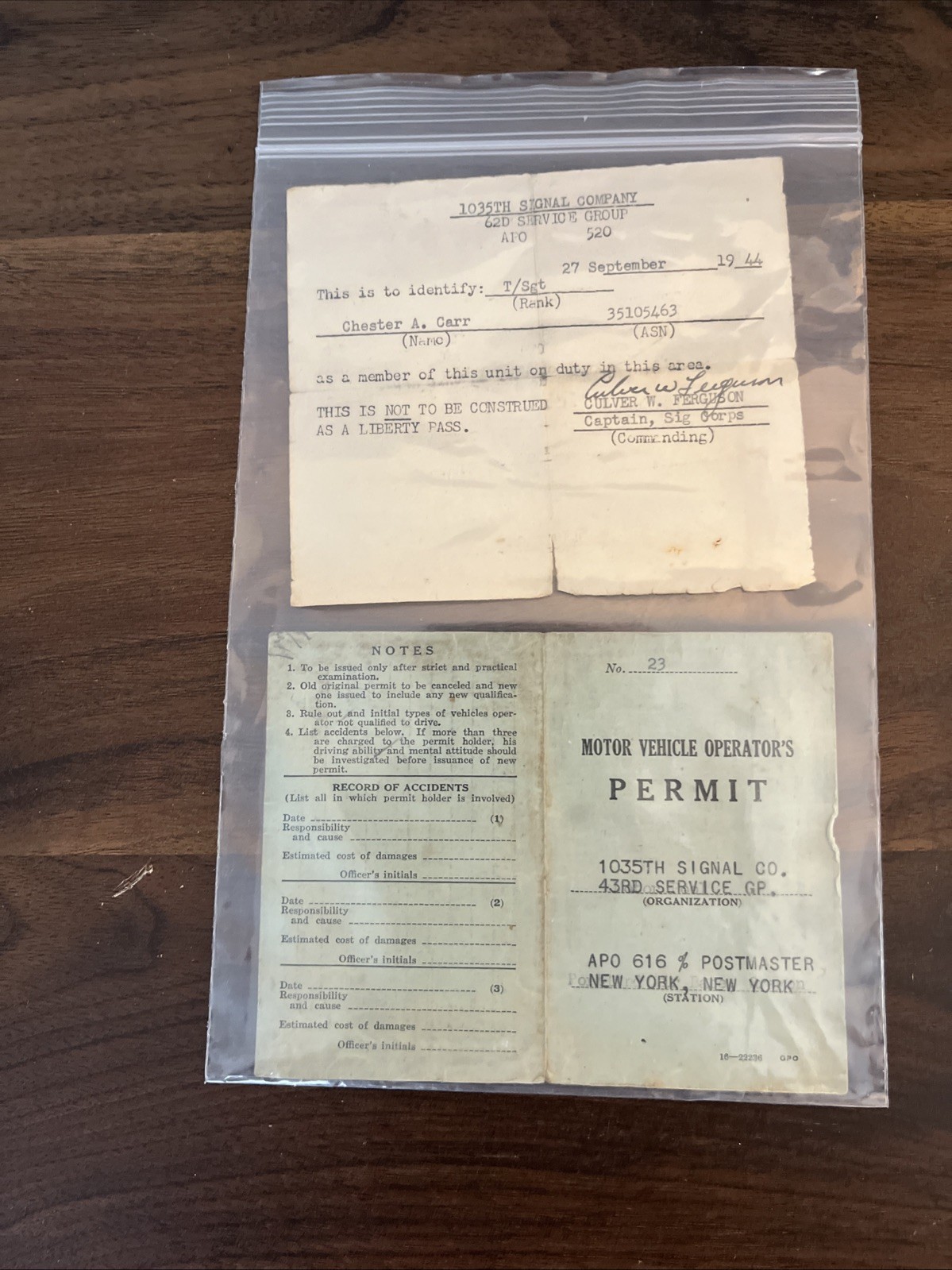 VINTAGE WW2 MILITARY MOTOR VEHICLE OPERATOR'S PERMIT 1035TH SIGNAL COMPANY 1942 VINTAGE WW2 MILITARY MOTOR VEHICLE OPERATOR'S PERMIT 1035TH SIGNAL COMPANY 1942