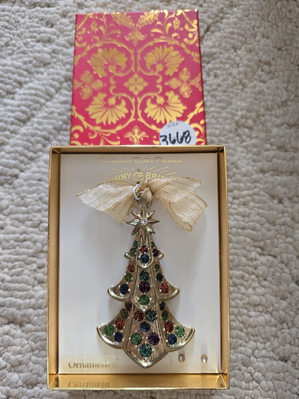 Vtg Christopher Radko Shiny Brite Gold Christmas Tree Ornament & Earrings W/ Box Vtg Christopher Radko Shiny Brite Gold Christmas Tree Ornament & Earrings W/ Box