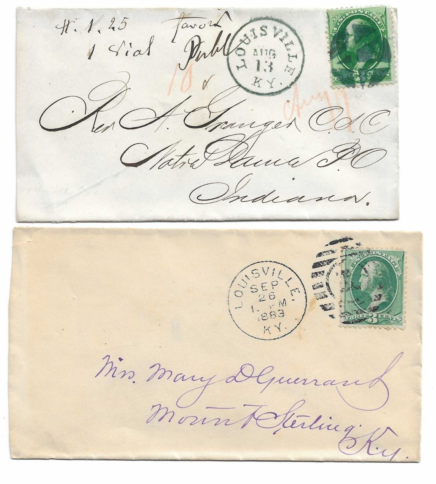 (2) 1880s Louisville KY Postmarks ~ Covers ~ To Notre Dame IN, Mt. Sterling KY (2) 1880s Louisville KY Postmarks ~ Covers ~ To Notre Dame IN, Mt. Sterling KY