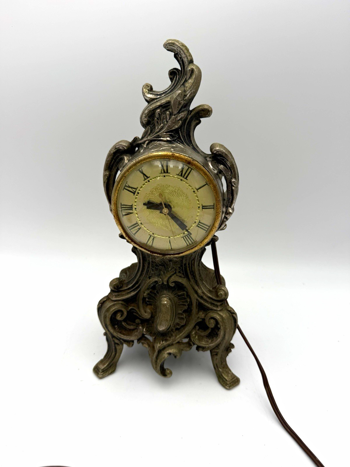 Vintage Lanshire Electric Mantel Clock Ornate Rococo Cast Metal Roman Numerals