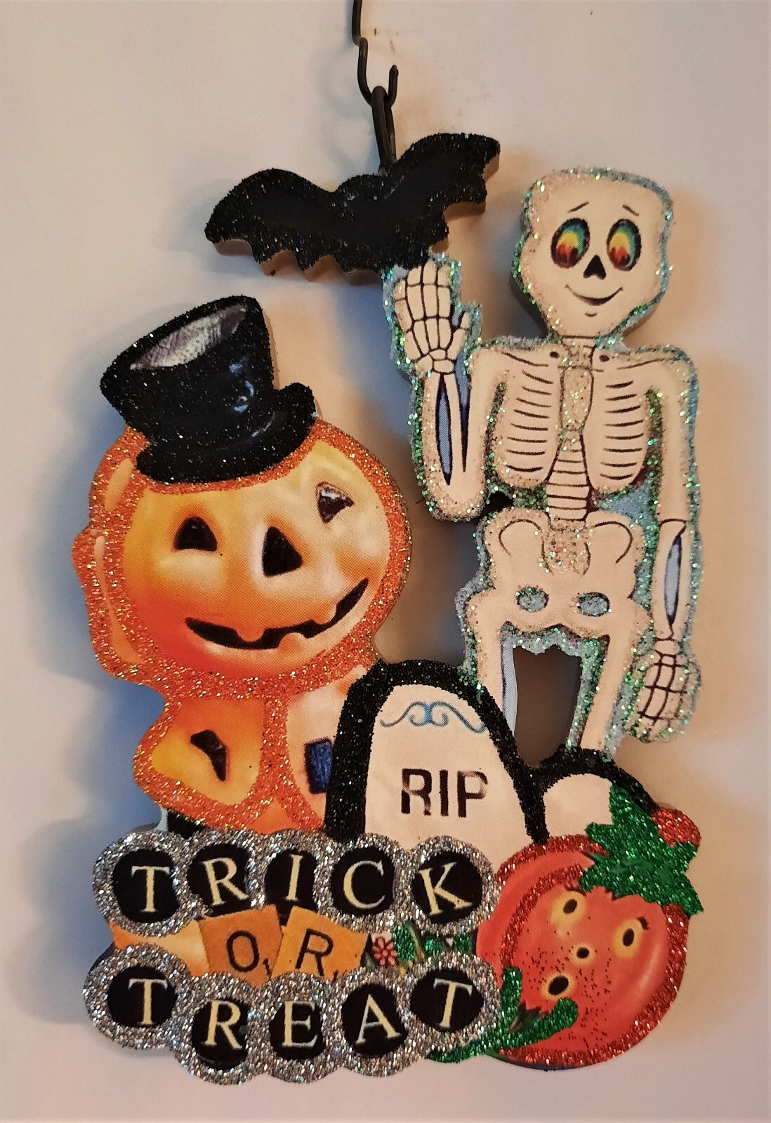 PUMPKIN MAN w SKELETON - TRICK or TREAT *  Glitter HALLOWEEN ORNAMENT * Vtg Img