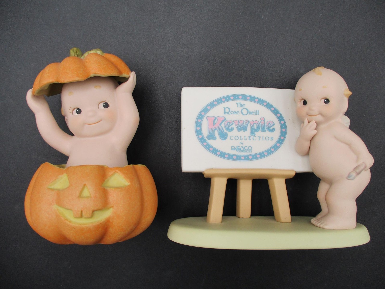 1990s Enesco Bisque Rose O'Neill Kewpie Figurines 1 in Halloween Pumpkin