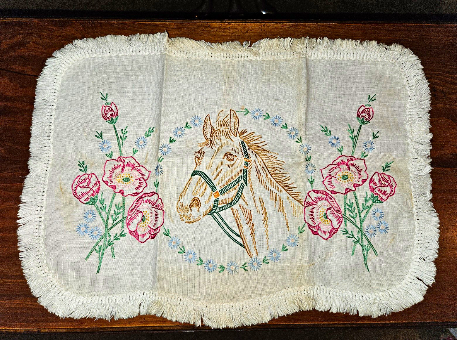Vintage Hand-Embroidered Fringed Rectangular Doily, Horse & Floral Design, 1970s