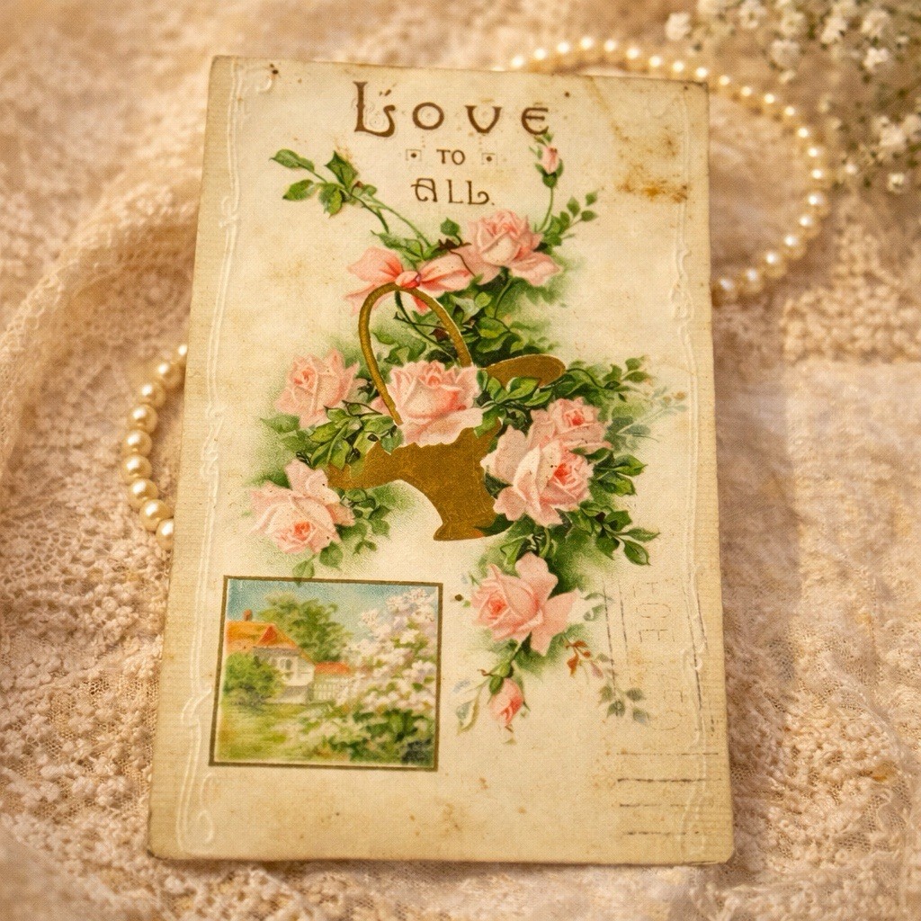 Antique Embossed Love To All Roses Basket Postcard 1911 Germany Cottage 