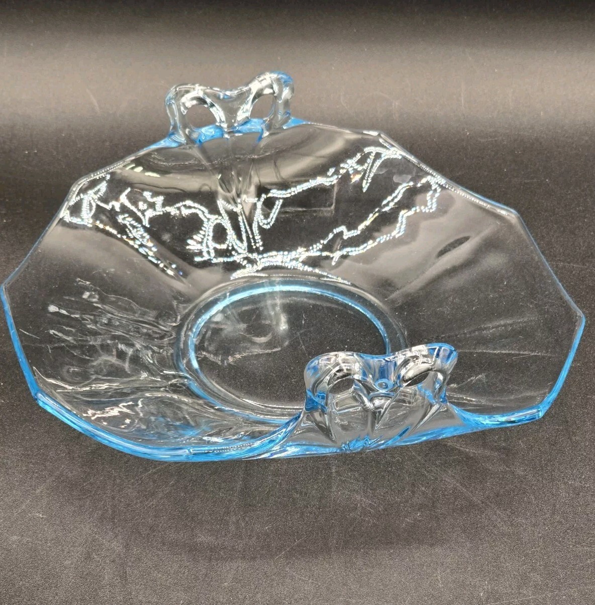 Fostoria Fairfax Azure Blue Depression Glass Bow Handle Bowl Dish Bon Bon Candy