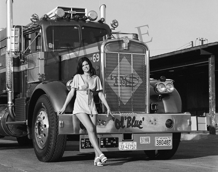 Pinup Girl Model with 1970\'s Kenworth Semi Truck Big Rig Ol Blue 8\