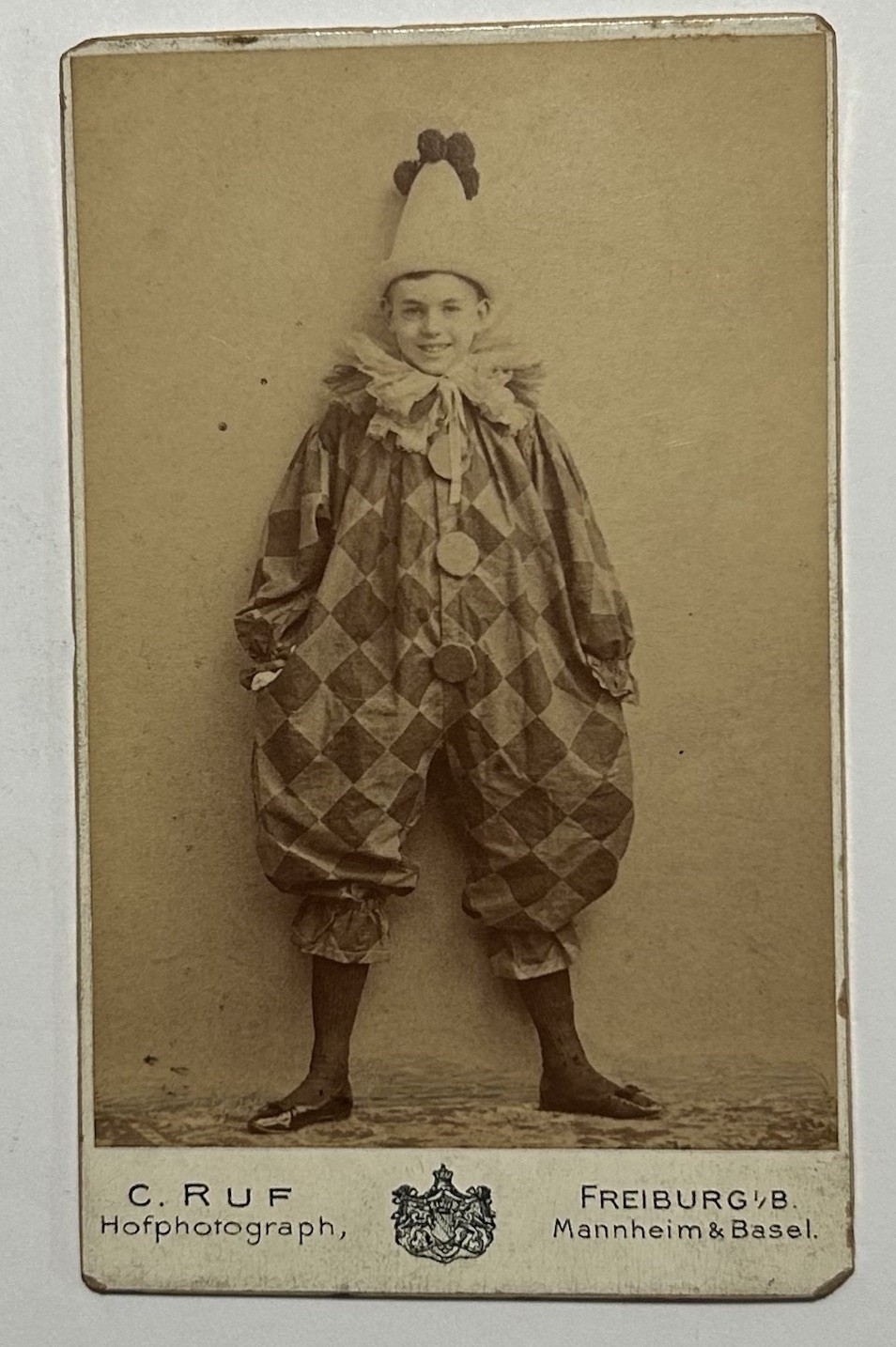 Antique 1896 CDV Photo Boy In Clown Harlequin Costume C Ruf German Hofphotograph Antique 1896 CDV Photo Boy In Clown Harlequin Costume C Ruf German Hofphotograph