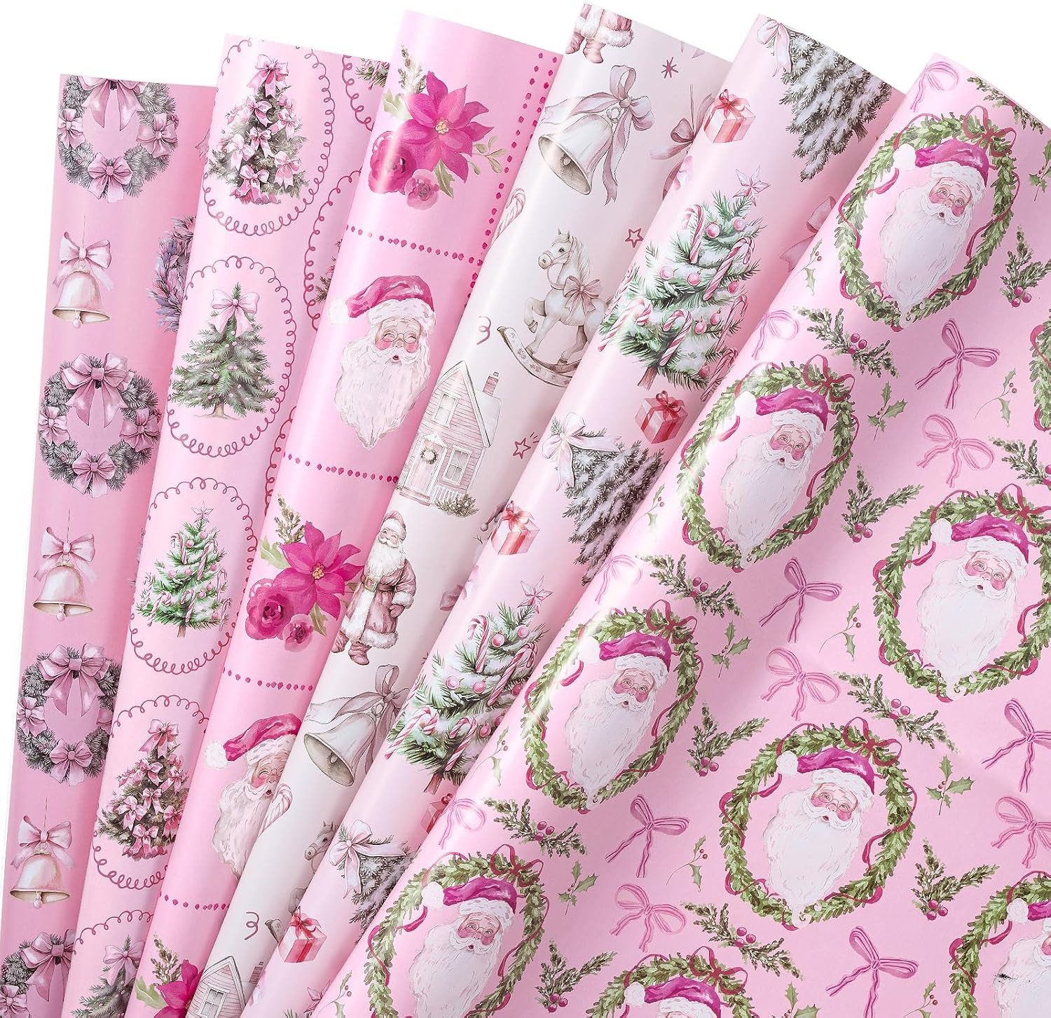 Christmas Wrapping Paper Sheets for Girls, Pink Vintage Santa Claus, Christmas T