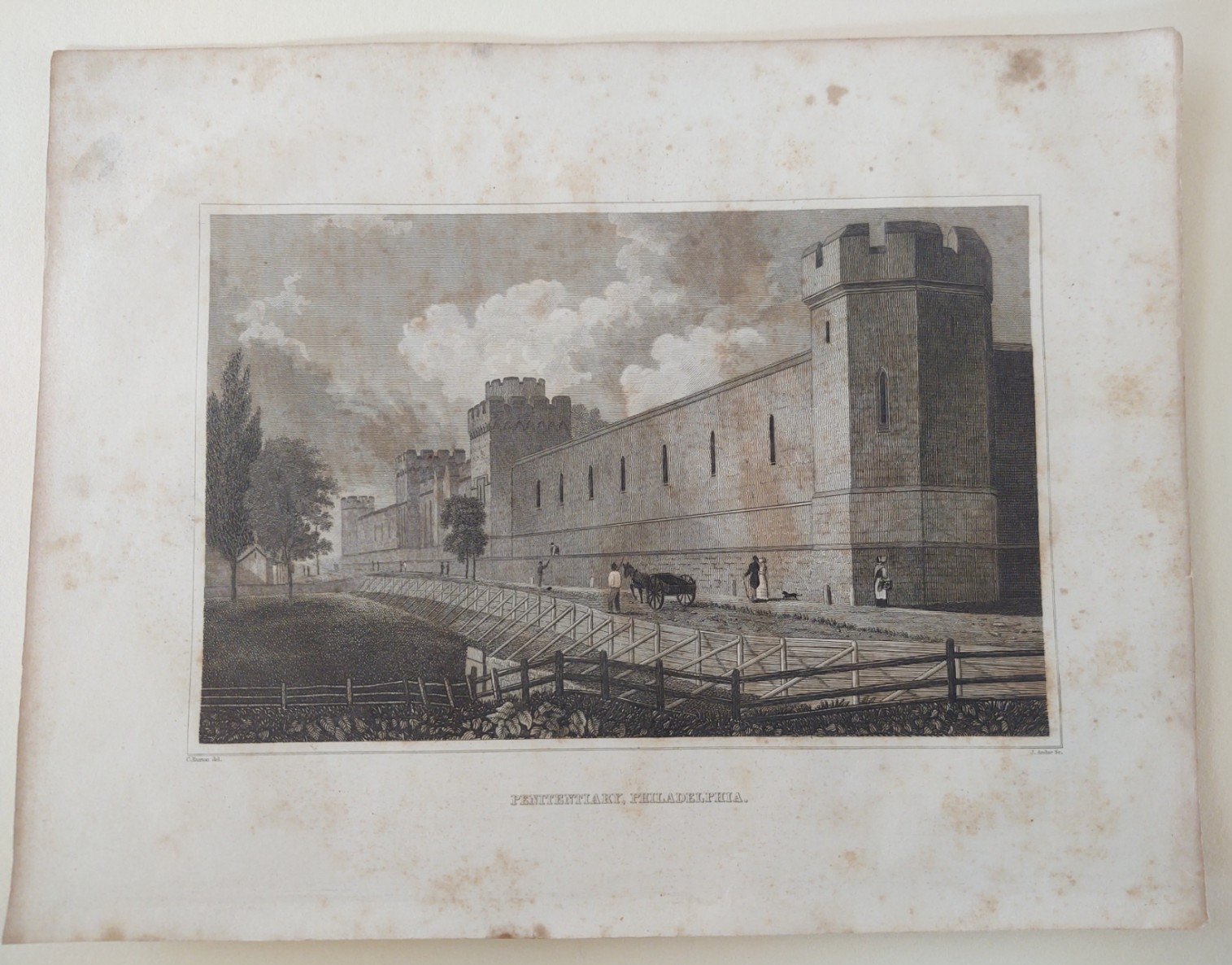 1843 Engraving / Print Charles Burton. “Penitentiary, Philadelphia.