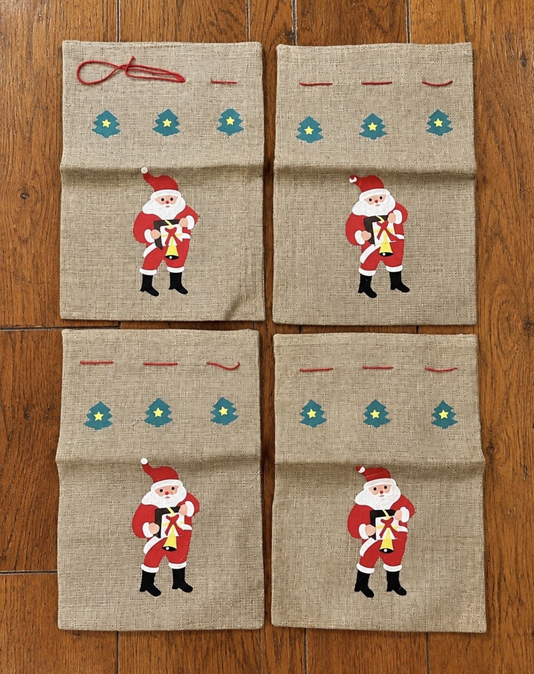 4 Vintage Mid Century Norwegian Christmas Hand Made Burlap Folk Art Gift Bags