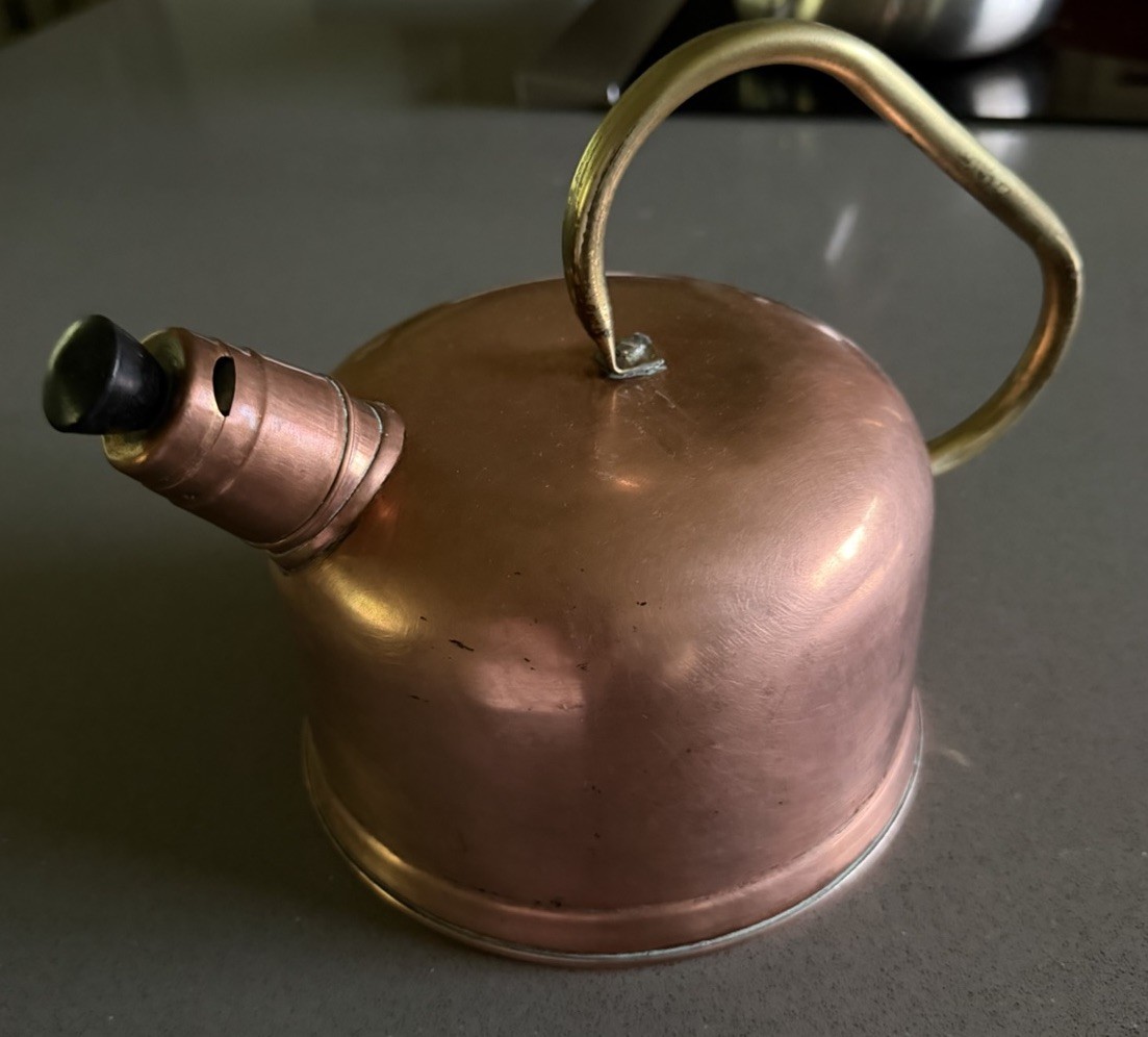 Vintage 1960s Solid Copper Kettle Brass Handle Bakelite Whistling Spout