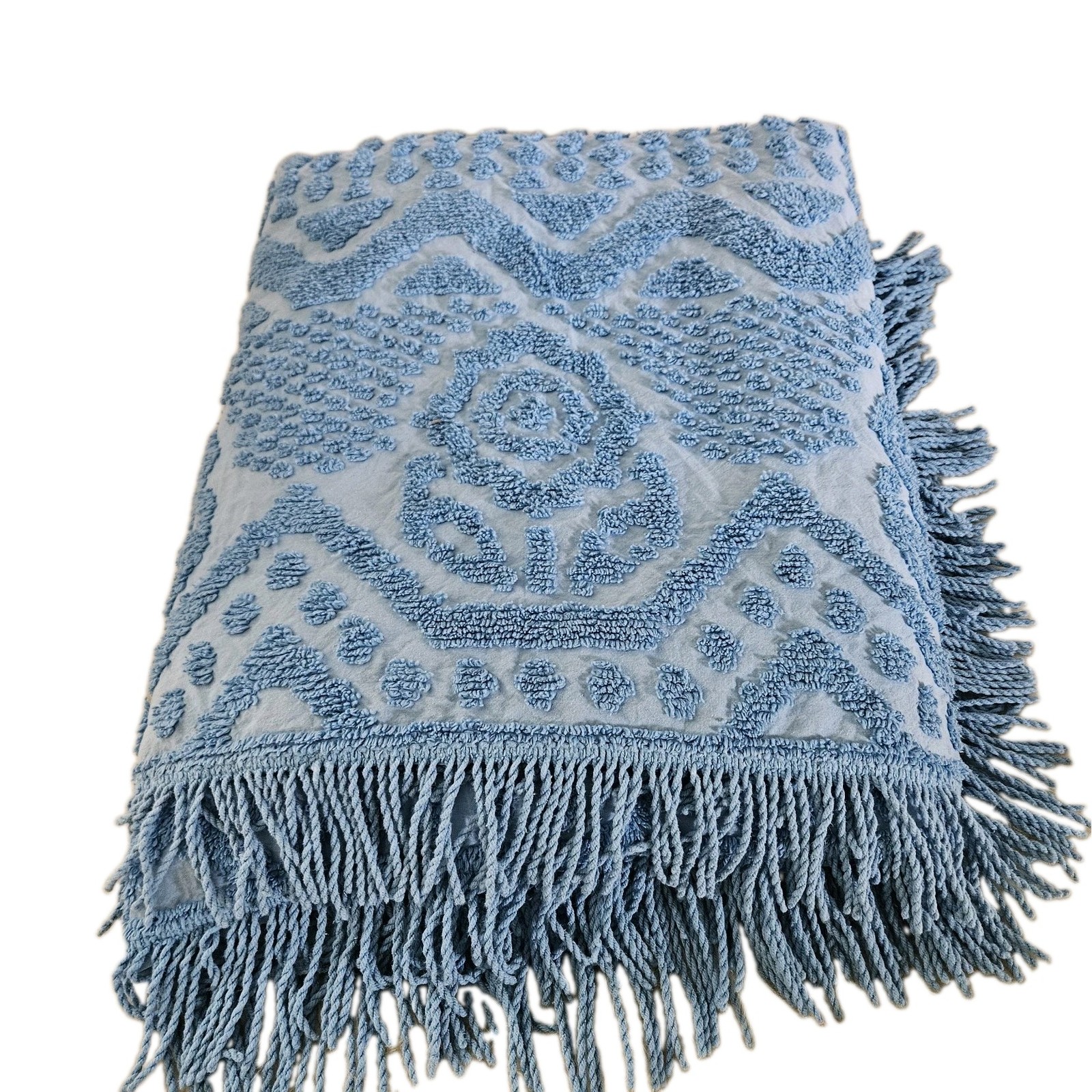 VTG Bates Chenille Bedspread Blue Tufted Cotton Medallion Scroll Fringe USA 105\ VTG Bates Chenille Bedspread Blue Tufted Cotton Medallion Scroll Fringe USA 105\