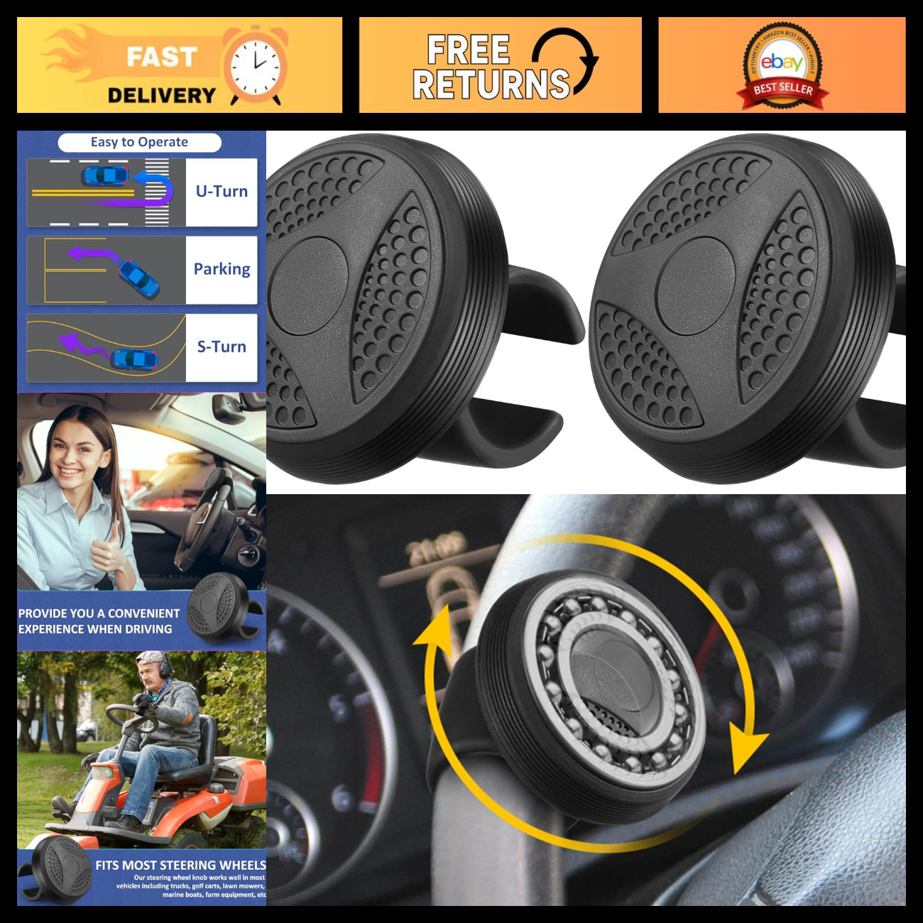 2 Pcs Steering Wheel Spinner Knob - 360° Rotation Suicides Knob for Easy Control