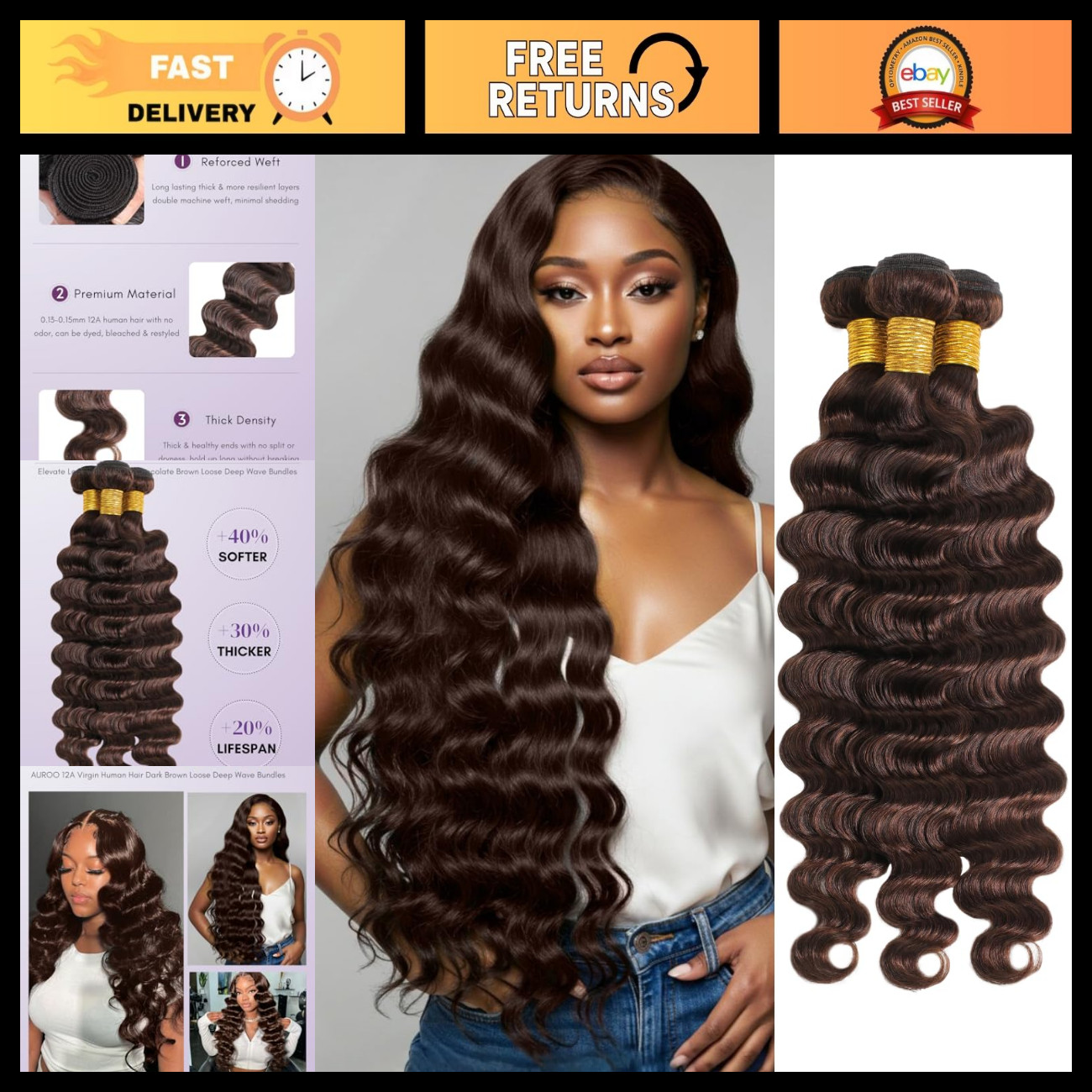 Chocolate Brown Loose Deep Wave 3 Bundles Human Hair 18 20 22 Inch, 12A 100% Bra