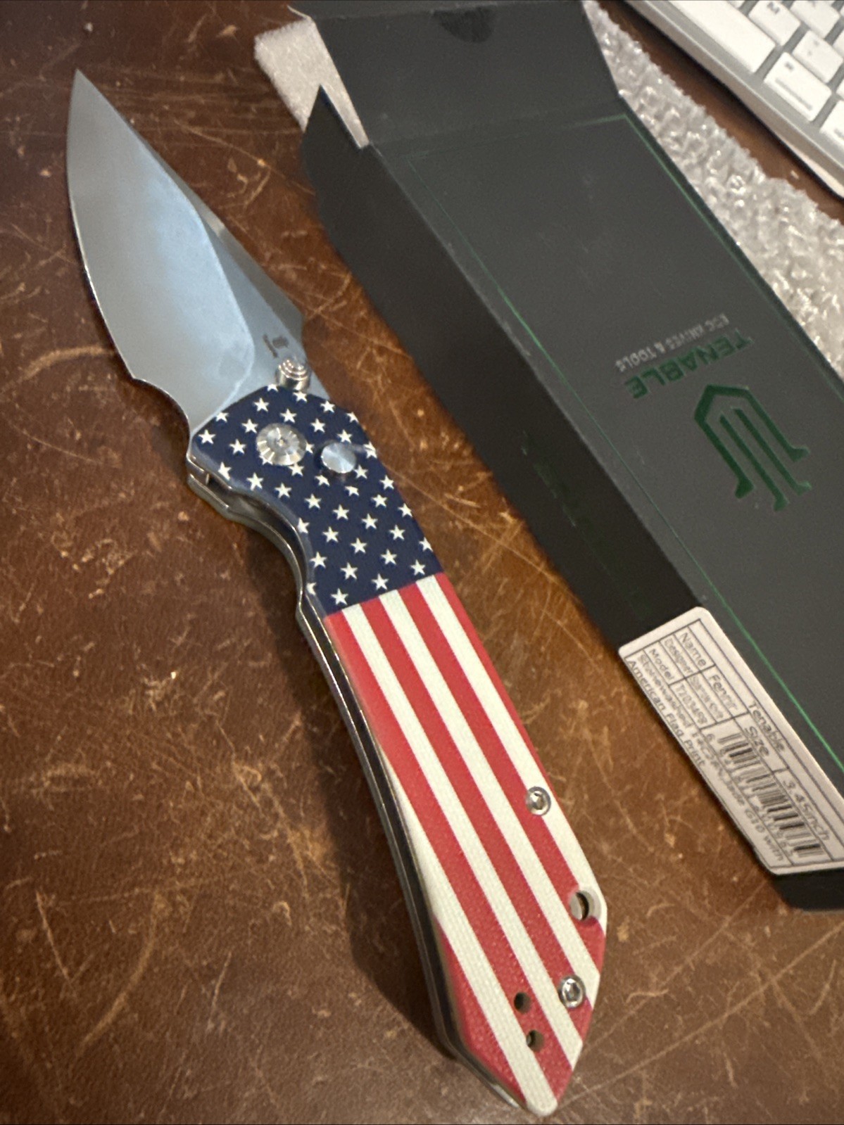 Tenable Fenrir Button Lock Knife American Flag Jade G-10 (3.4\