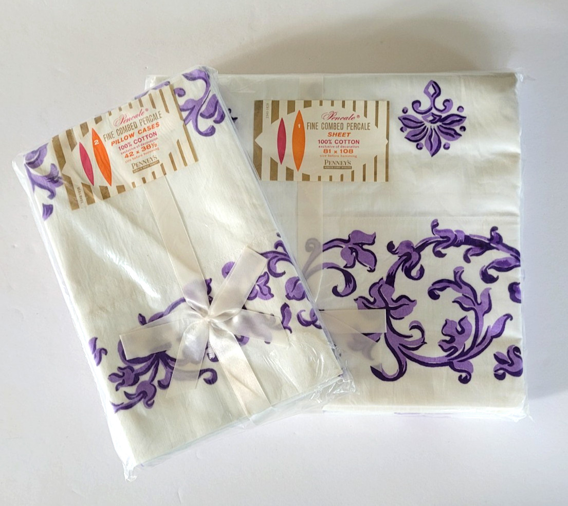 VTG JC Penneys Percale Cotton Full Flat Sheet 2 Pillowcases NOS Purple Floral