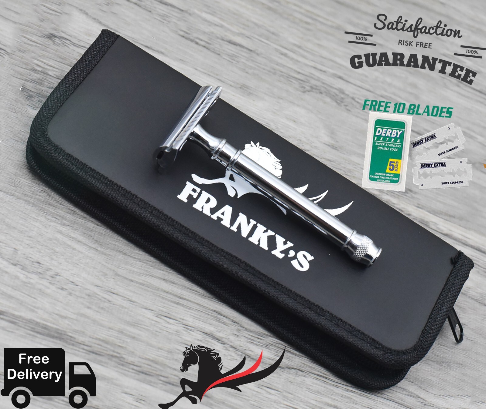 STAINLESS STEEL HEAVY DUTY DOUBLE EDGE SAFETY RAZOR FOR MEN + 10 SHAVING BLADES