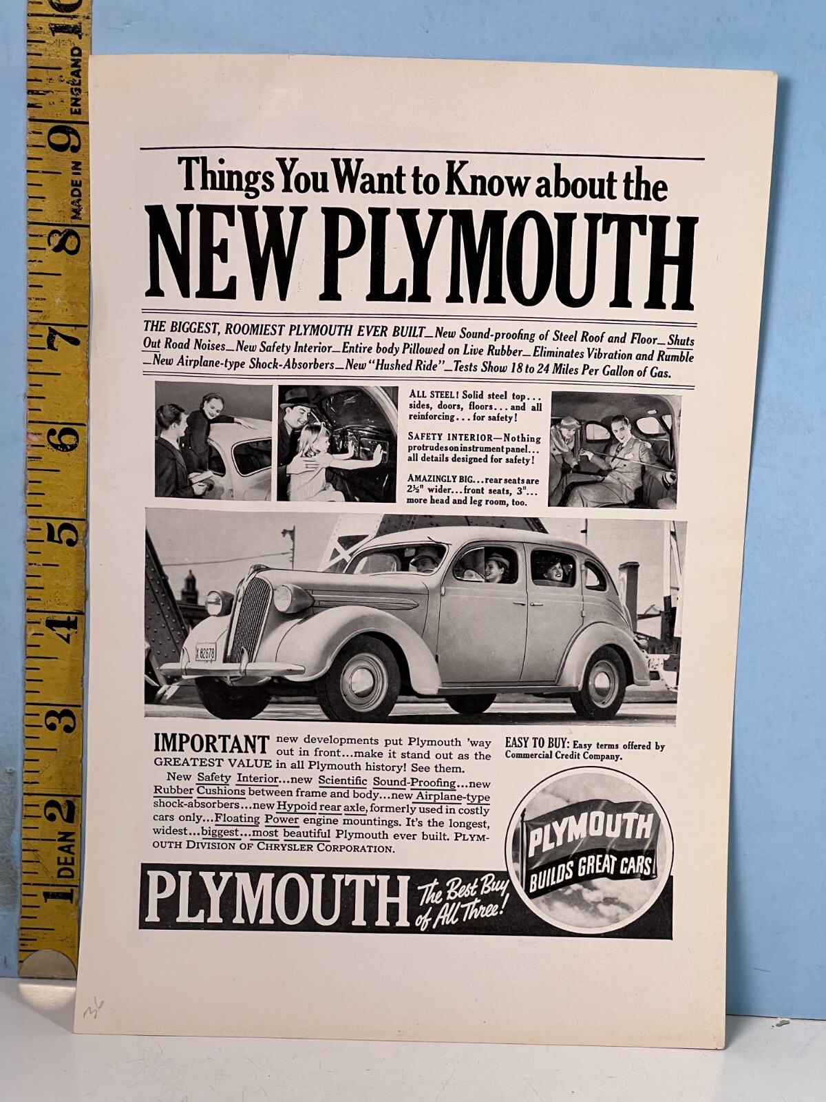 1937 New Plymouth Chrysler Division Automobile & Parker Vacumatic Pen Back Ad 1937 New Plymouth Chrysler Division Automobile & Parker Vacumatic Pen Back Ad
