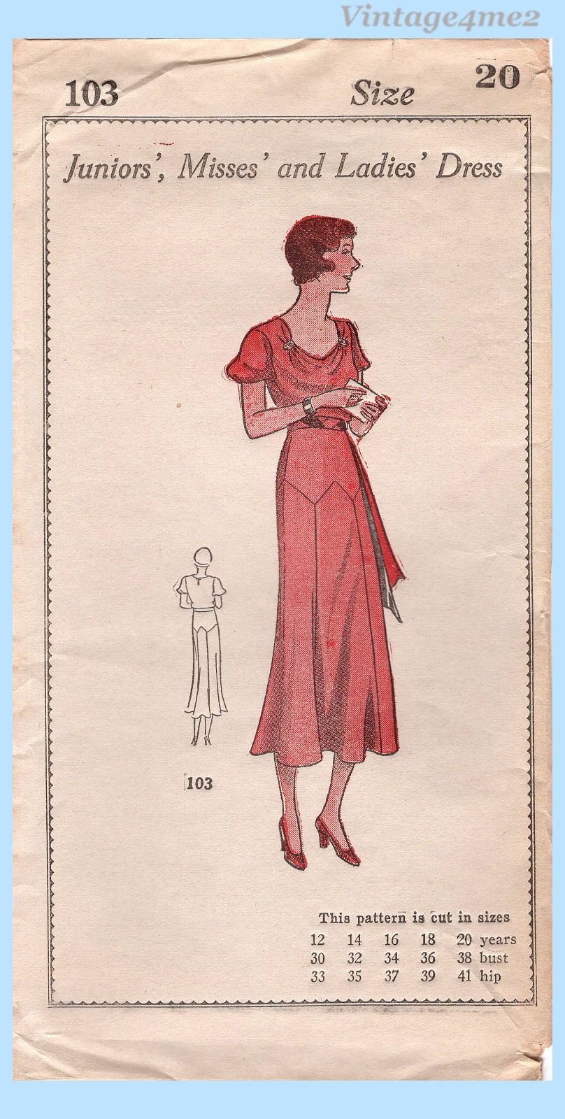 Own Name 103: 1930s Uncut Misses Dinner Dress Sz 38 Bust Vintage Sewing Pattern