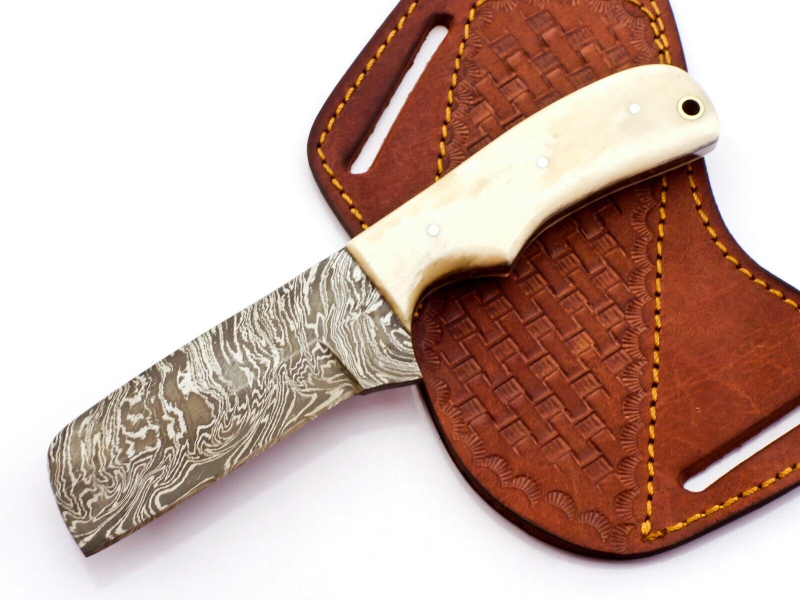 Handmade Damascus Cowboy Bull Cutter Knife With Bone Handle And Pancake Sheath