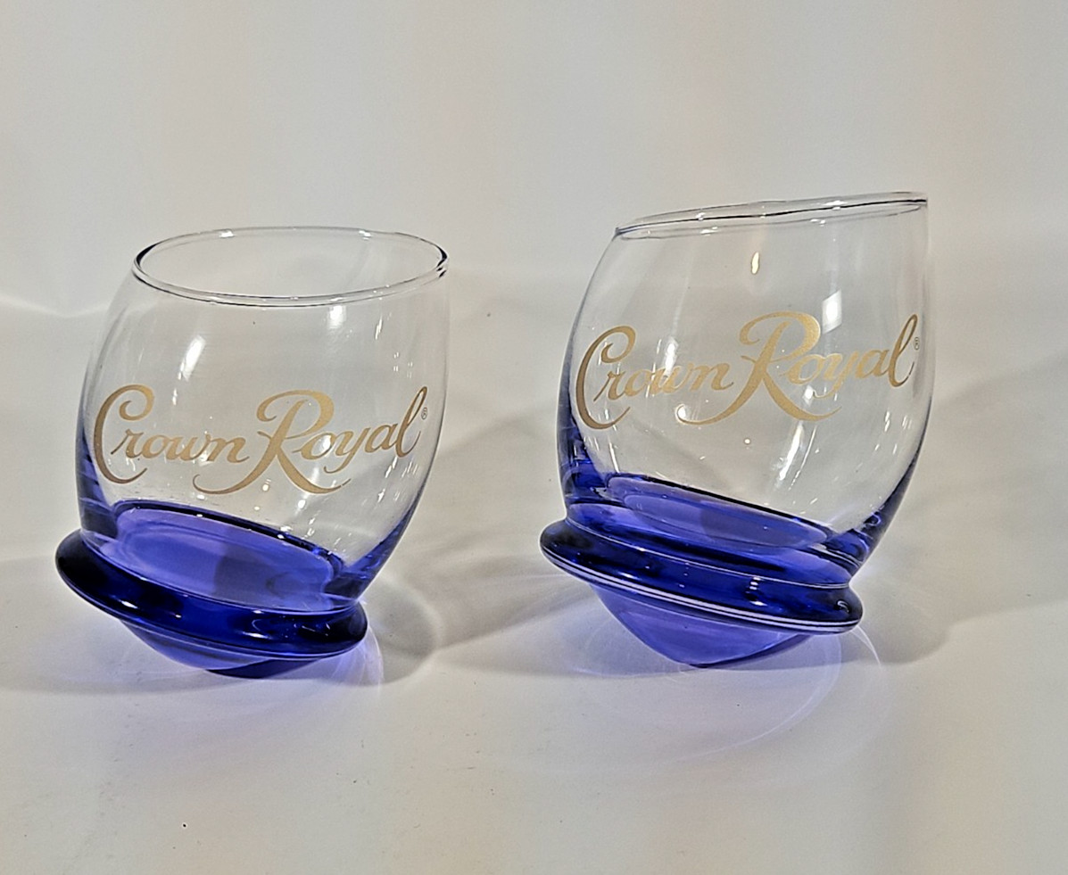 Crown Royal Roly Poly Glasses Set of 2 Angled Lip Cobalt Base RARE