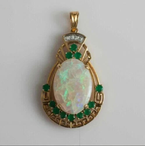 3Ct Oval Cut Fire Opal Emerald & Diamond Vintage Pendant 14K Yellow Gold Plated 3Ct Oval Cut Fire Opal Emerald & Diamond Vintage Pendant 14K Yellow Gold Plated